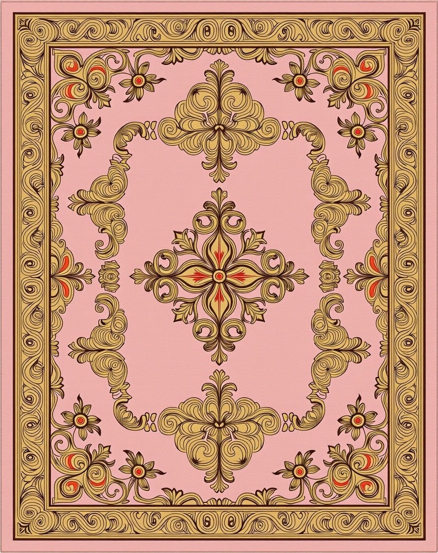 Ornate Floral Scrollwork Pink Rug