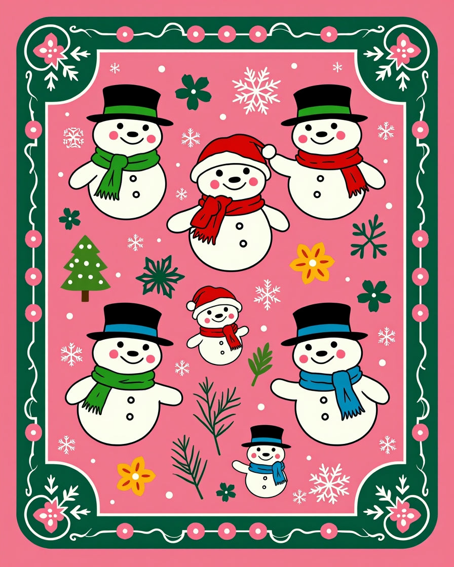 Charming Pink Snowman Scattered Folk Art Rug