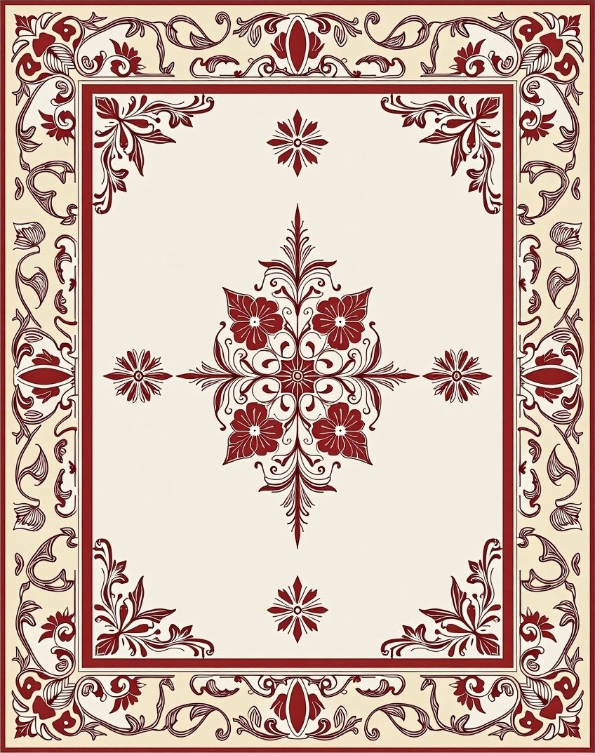 Elegant Red Cream Floral Border Rug