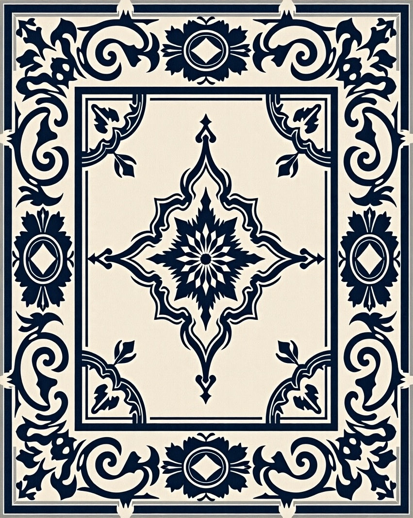 Classic Navy Floral Medallion Patterned Rug