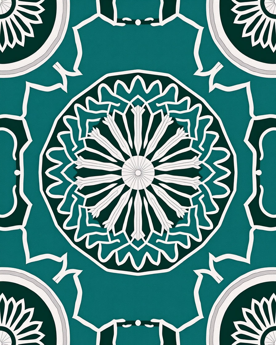 Teal White Geometric Mandala Pattern Rug
