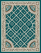 Teal White Geometric Floral Border Rug