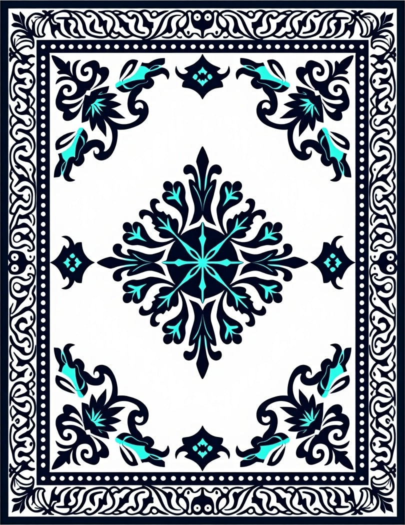 Ornate Teal and Black Floral Pattern Rug