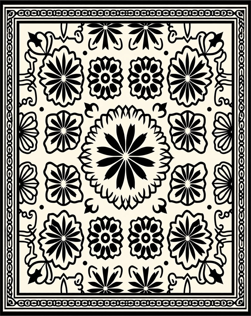 Black White Floral Patterned Rug