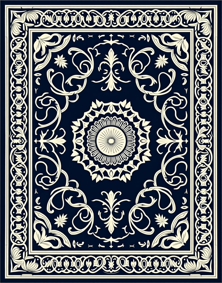 Ornate Floral Dark Blue Artwork Rug