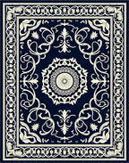 Ornate Floral Dark Blue Artwork Rug