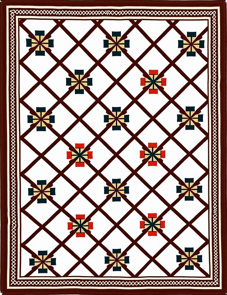 Geometric Lattice Red Blue Ochre Rug