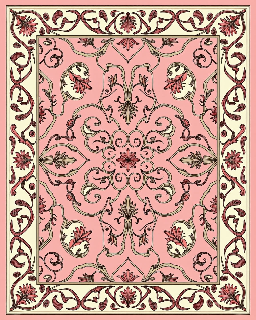 Ornate Floral Scrollwork Pink Rug