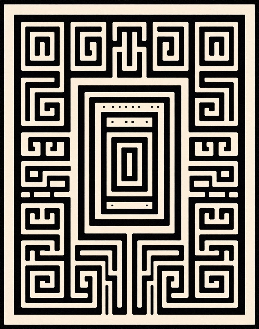 Black Abstract Geometric Maze Design Rug