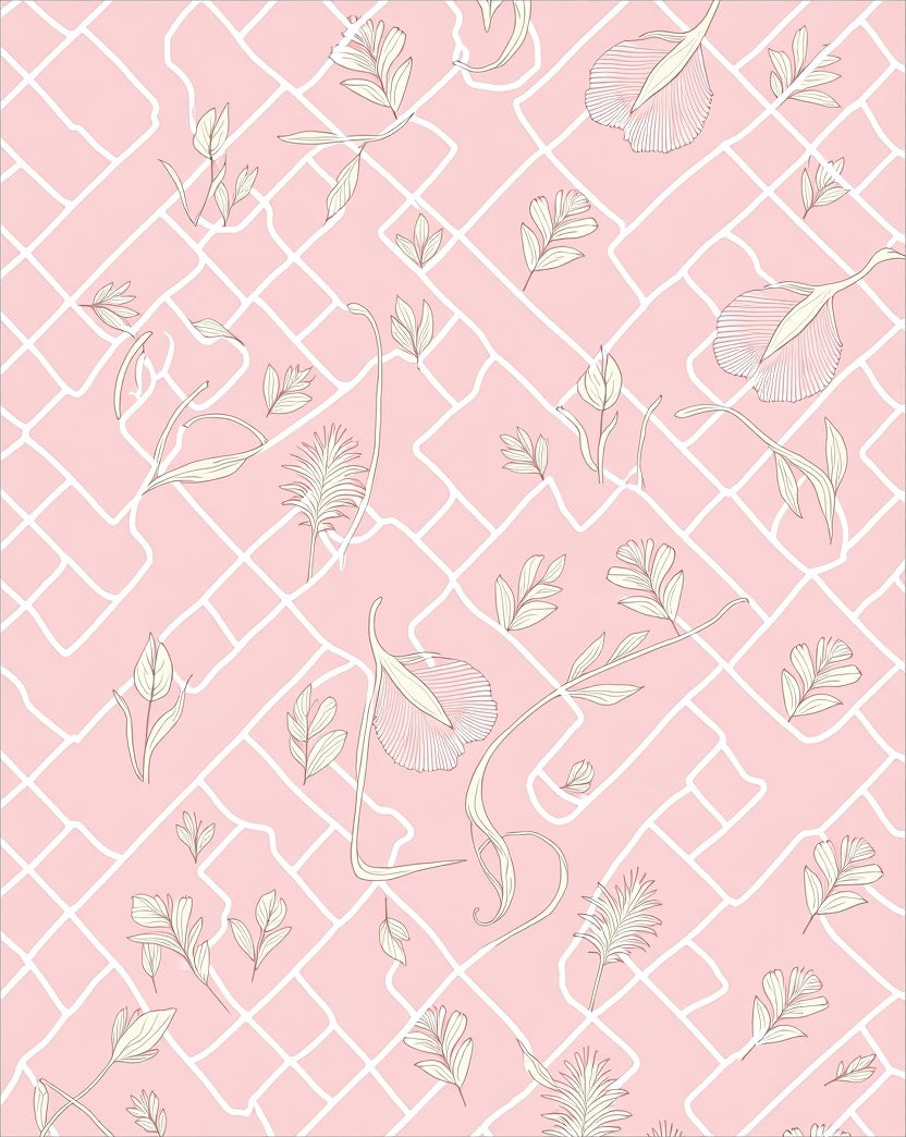 Delicate White Leaf Patterned Pink Rug