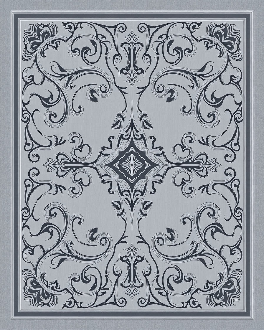 Ornate Scrollwork Grey Floral Square Design Rug