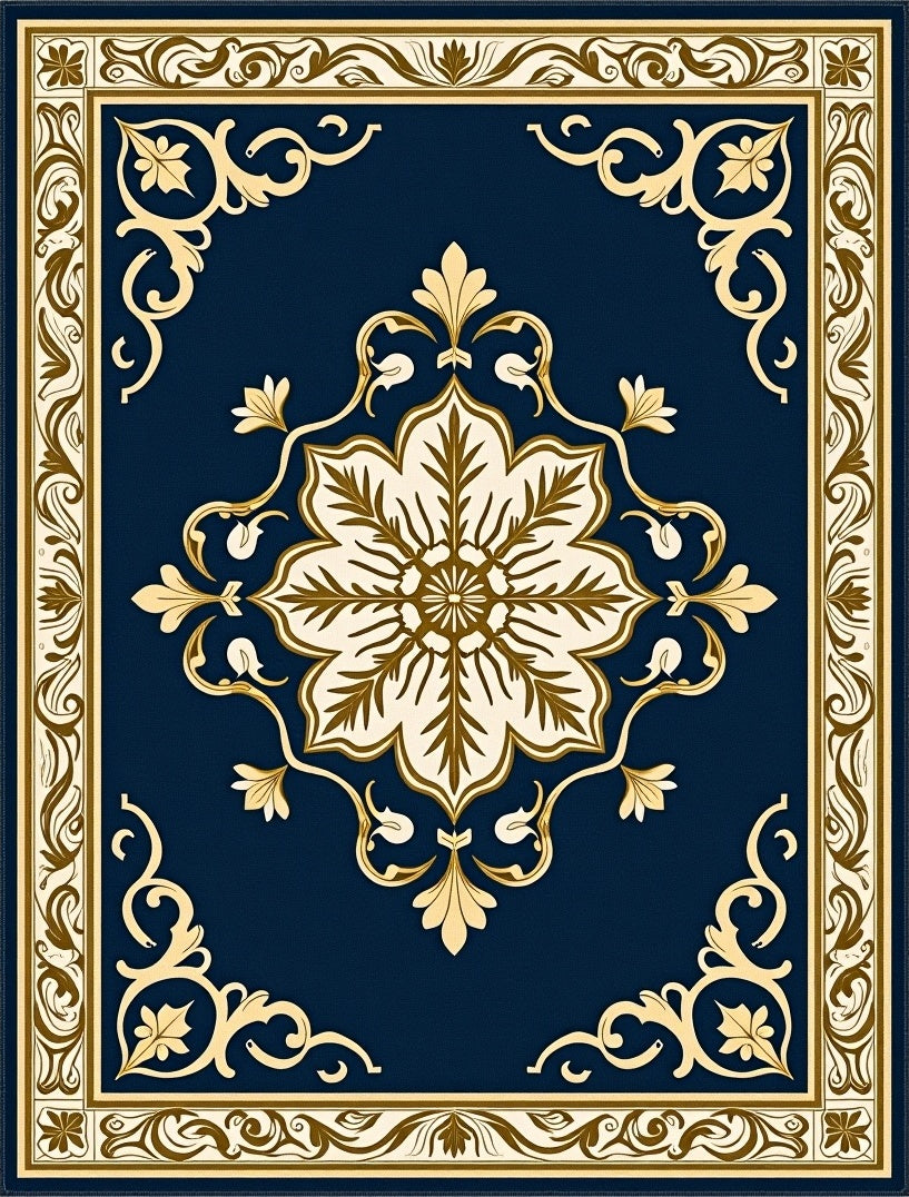 Elegant Blue Gold Floral Medallion Rug