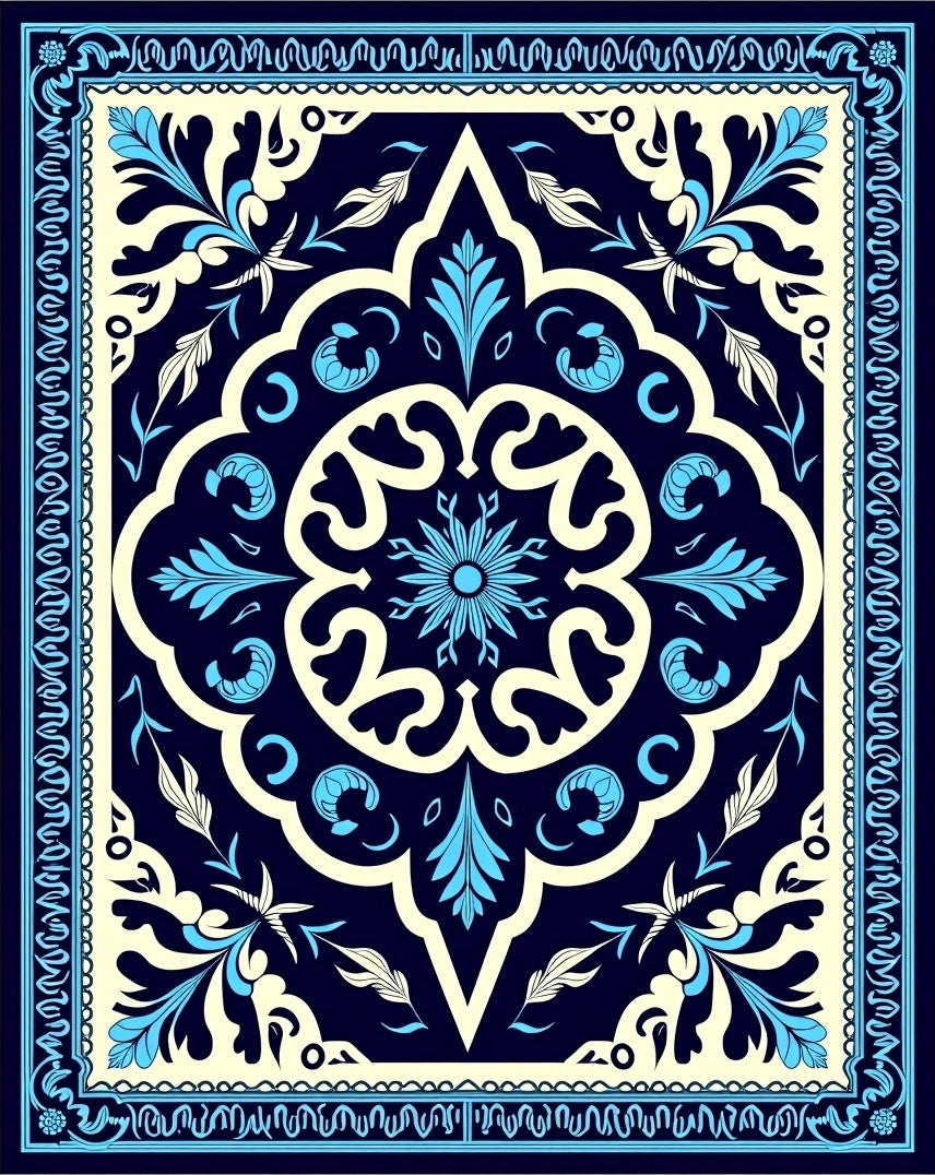 Navy Blue Traditional Floral Pattern Rug