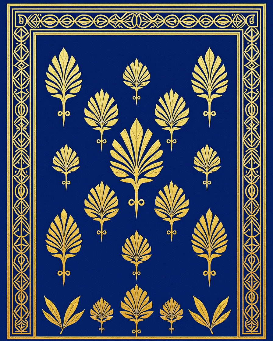 Royal Blue Gold Art Deco Floral Pattern Rug