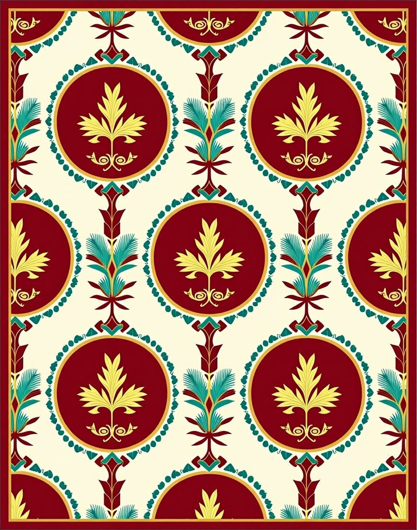 Rich Burgundy Yellow Teal Medallion Pattern Rug