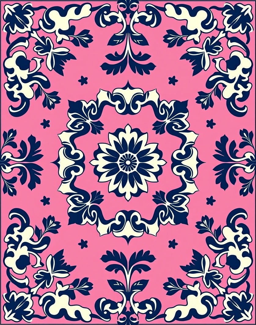 Pink Floral Scrollwork Damask Rug