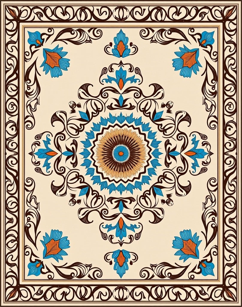 Floral Mandala With Swirl Border Design Rug