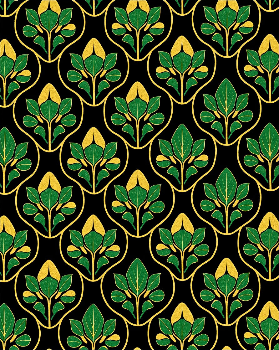 Art Nouveau Green Gold Floral Pattern Rug
