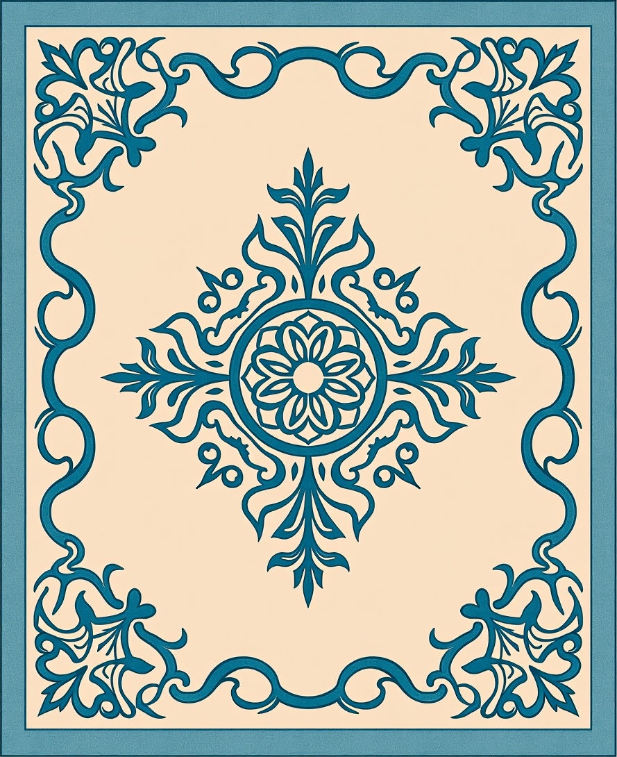 Teal Floral Art Deco Pattern Rug