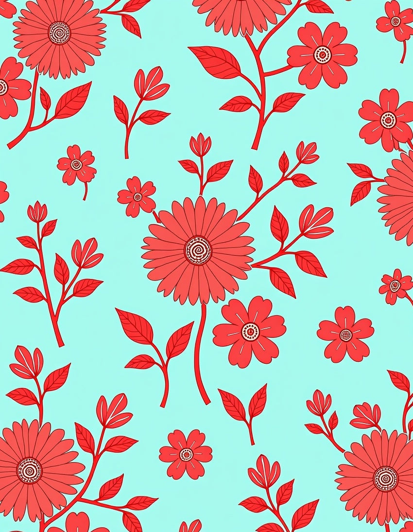 Bright Floral Pattern Red on Aqua Rug