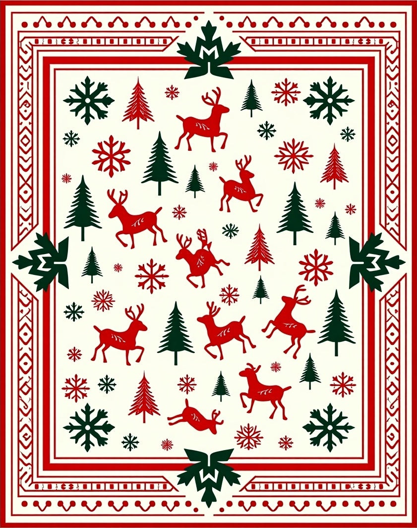 Red Green Reindeer Snowflake Forest Border Rug