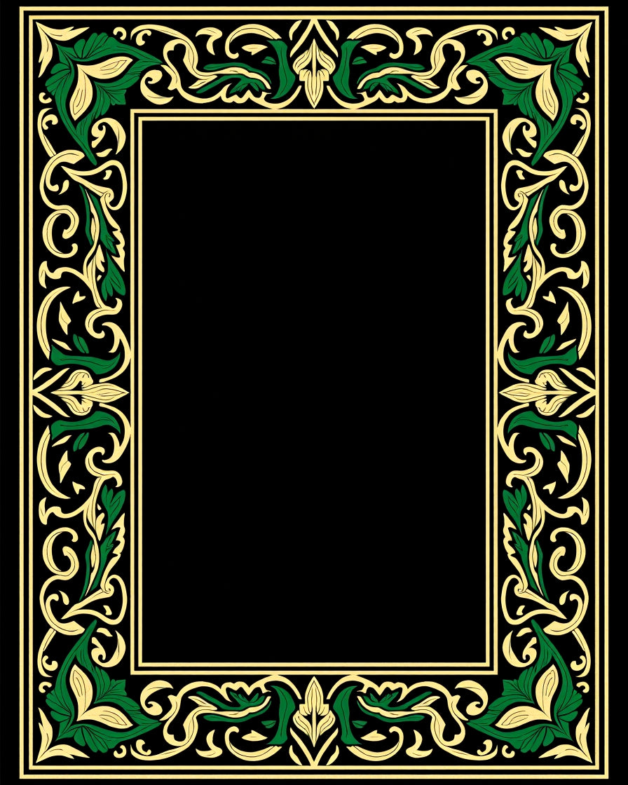 Ornate Green Gold Flourish Border Rug