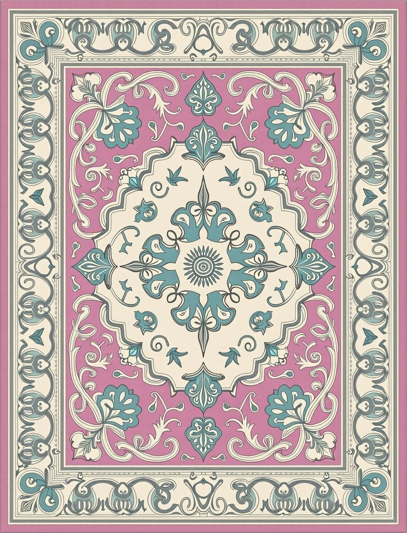 Pinks and Teal Floral Scrollwork Rug