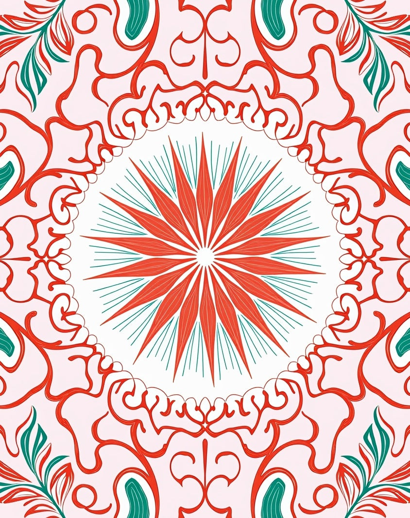 Red Teal Starburst Mandala Pattern Rug