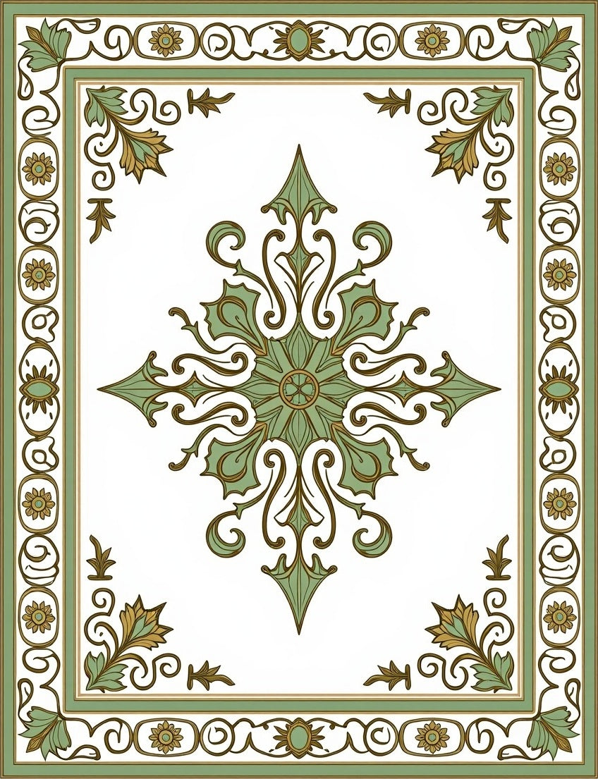 Ornate Green Floral Mandala Design Rug