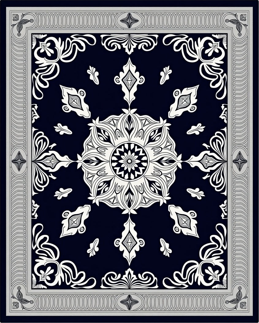 Black White Intricate Floral Mandala Rug