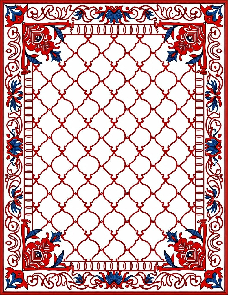 Red Blue Geometric Floral Tile Pattern Rug