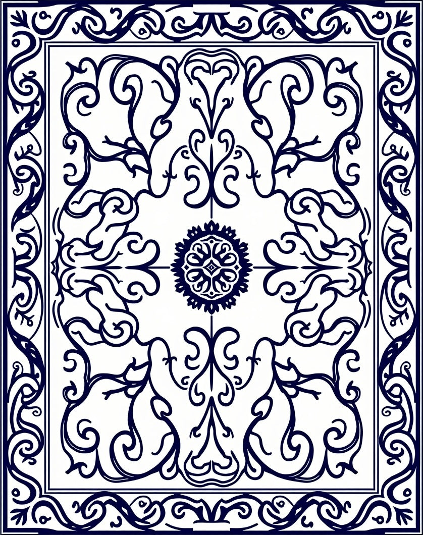 Classic Navy White Floral Scroll Rug