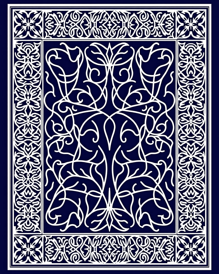 Intricate White Swirl Floral Border Design Rug