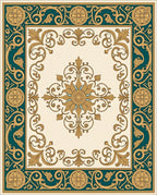Ornate Teal Gold Floral Pattern Rug