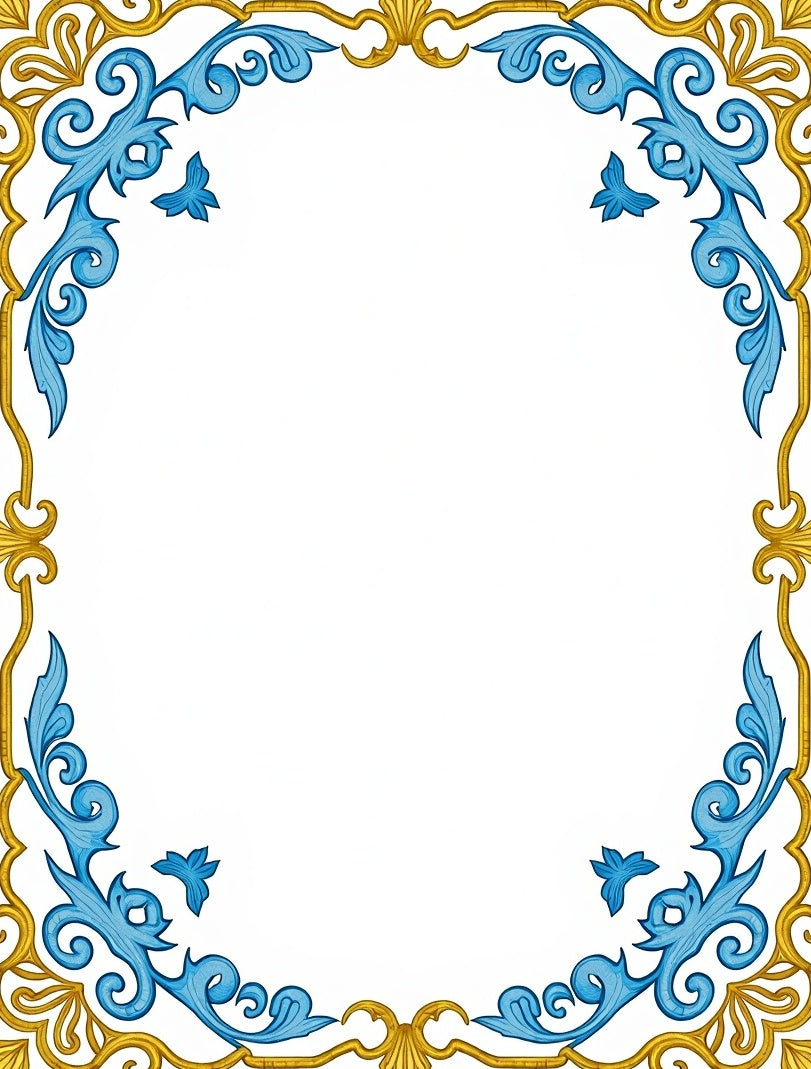 Golden Blue Floral Swirl Border Rug
