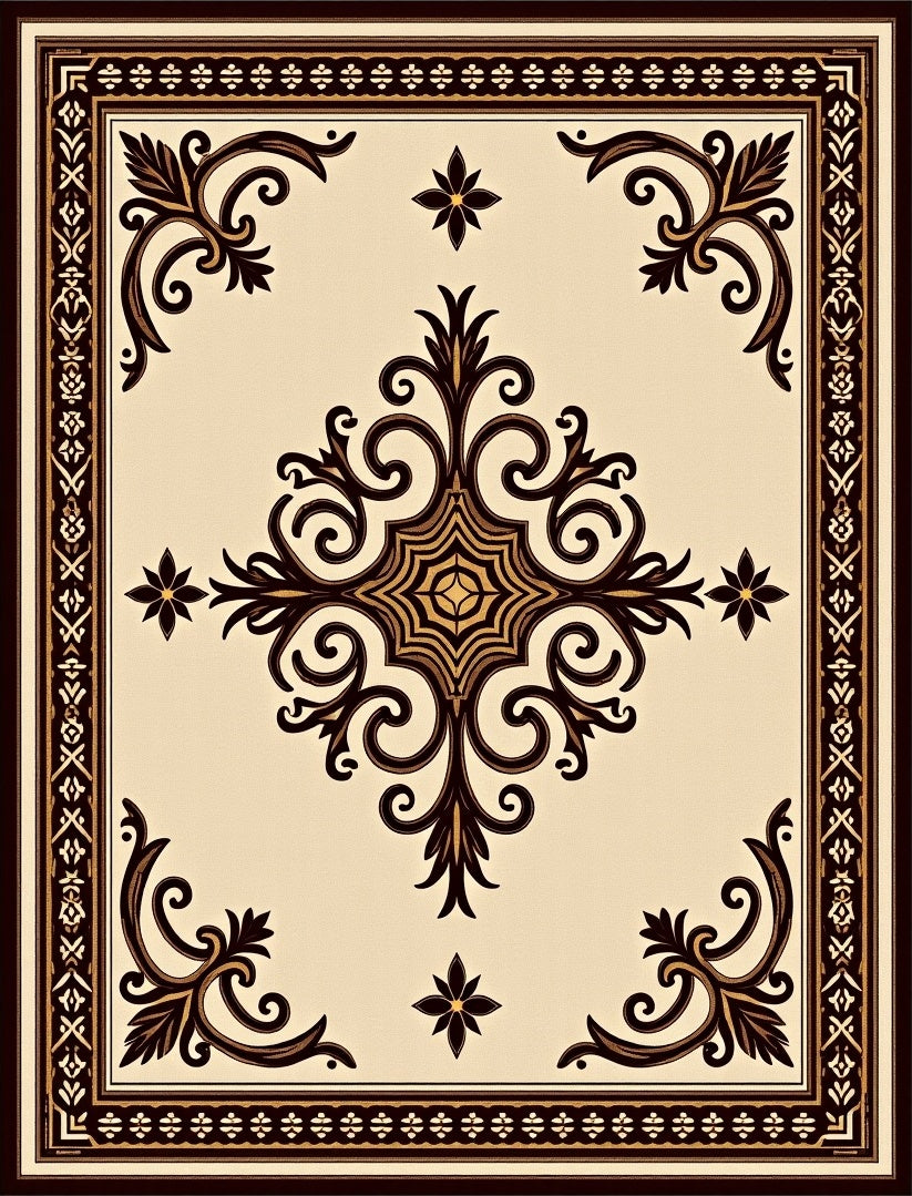 Ornate Scrollwork and Floral Design Rug