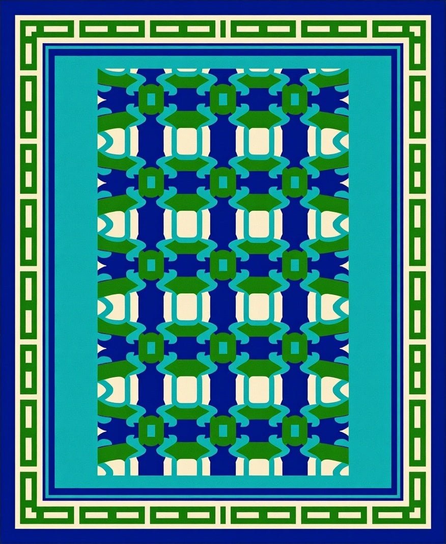 Classic Geometric Blue Green Ivory Pattern Rug