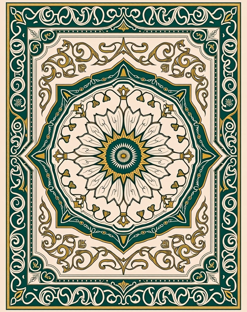 Emerald Gold Floral Medallion Design Rug