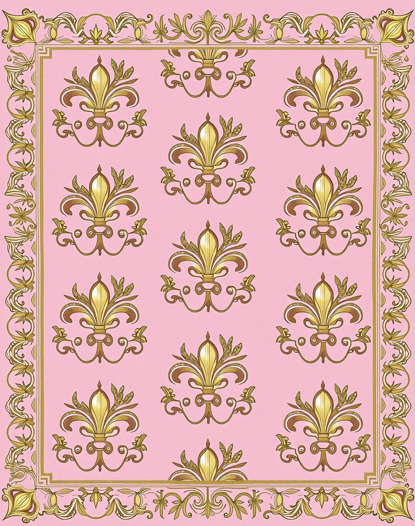 Golden Fleur De Lis Patterned Pink Rug