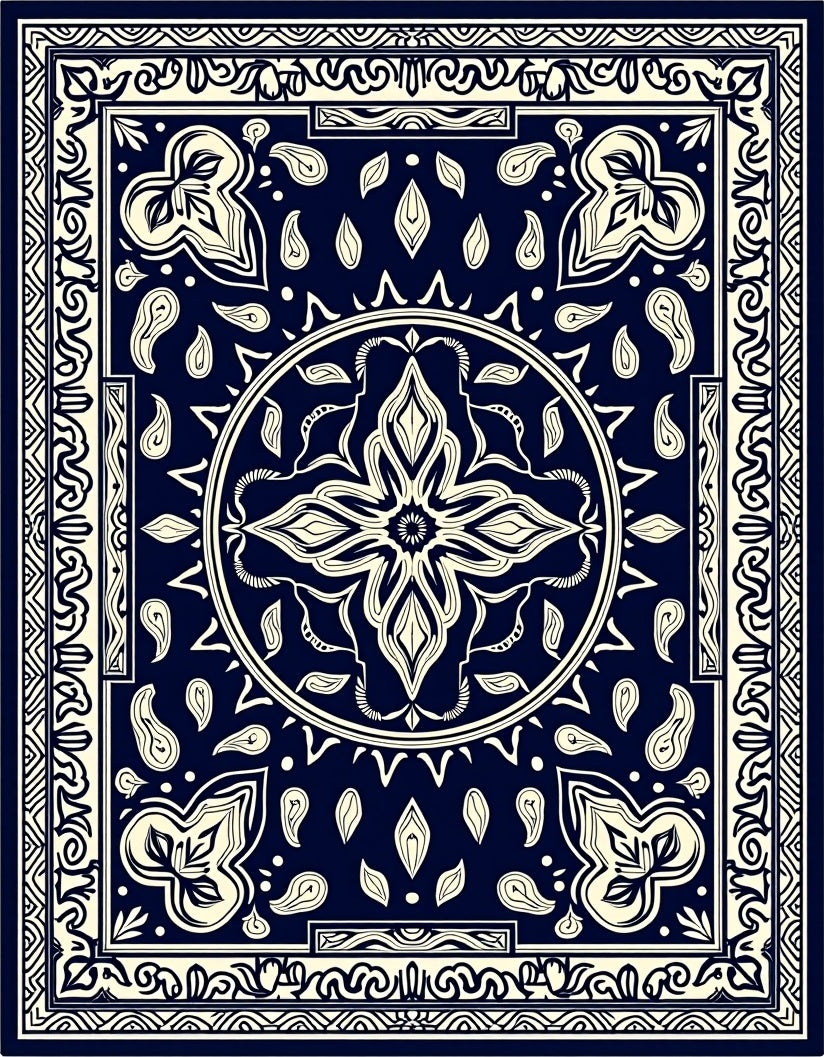 Navy and Cream Mandala Floral Pattern Rug