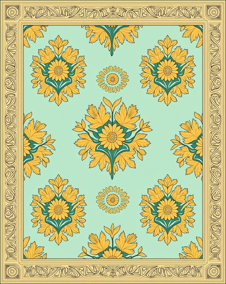 Golden Floral Meadow Patterned Rug