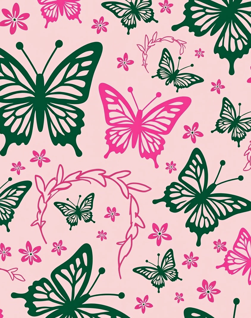 Pink Green Butterfly Floral Pattern Rug