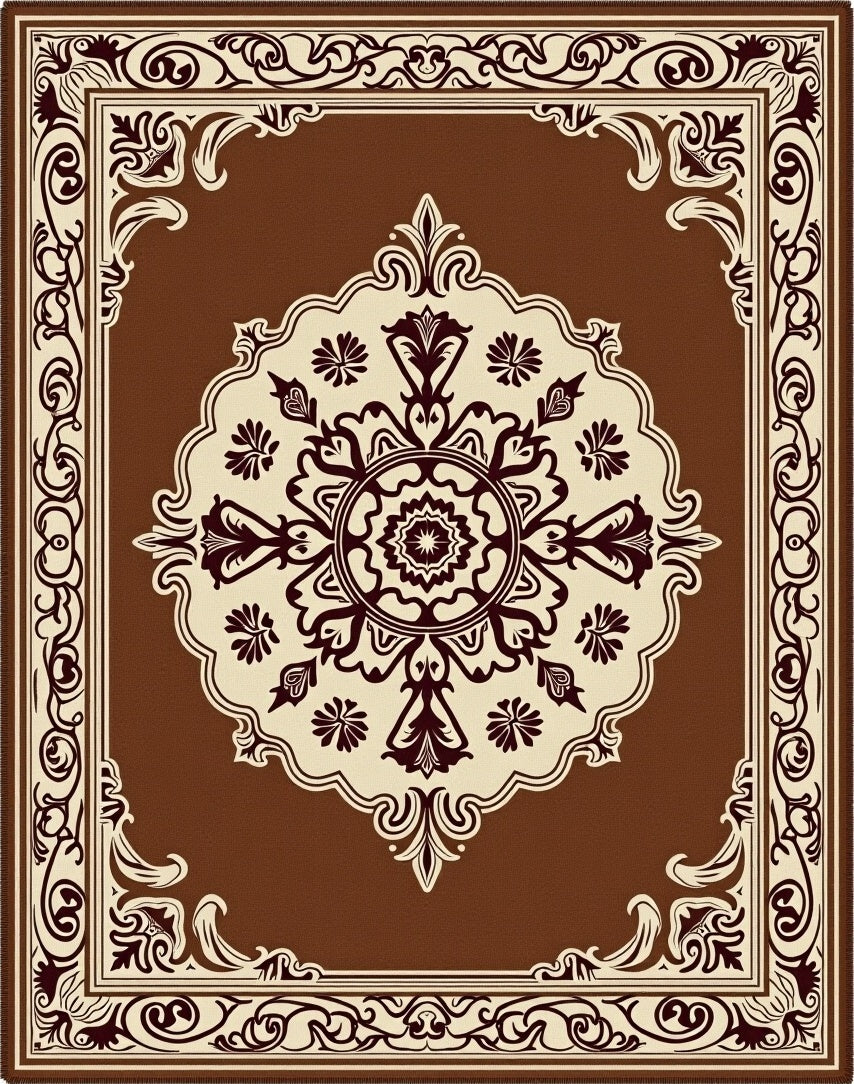 Ornate Floral Medallion Brown Rug