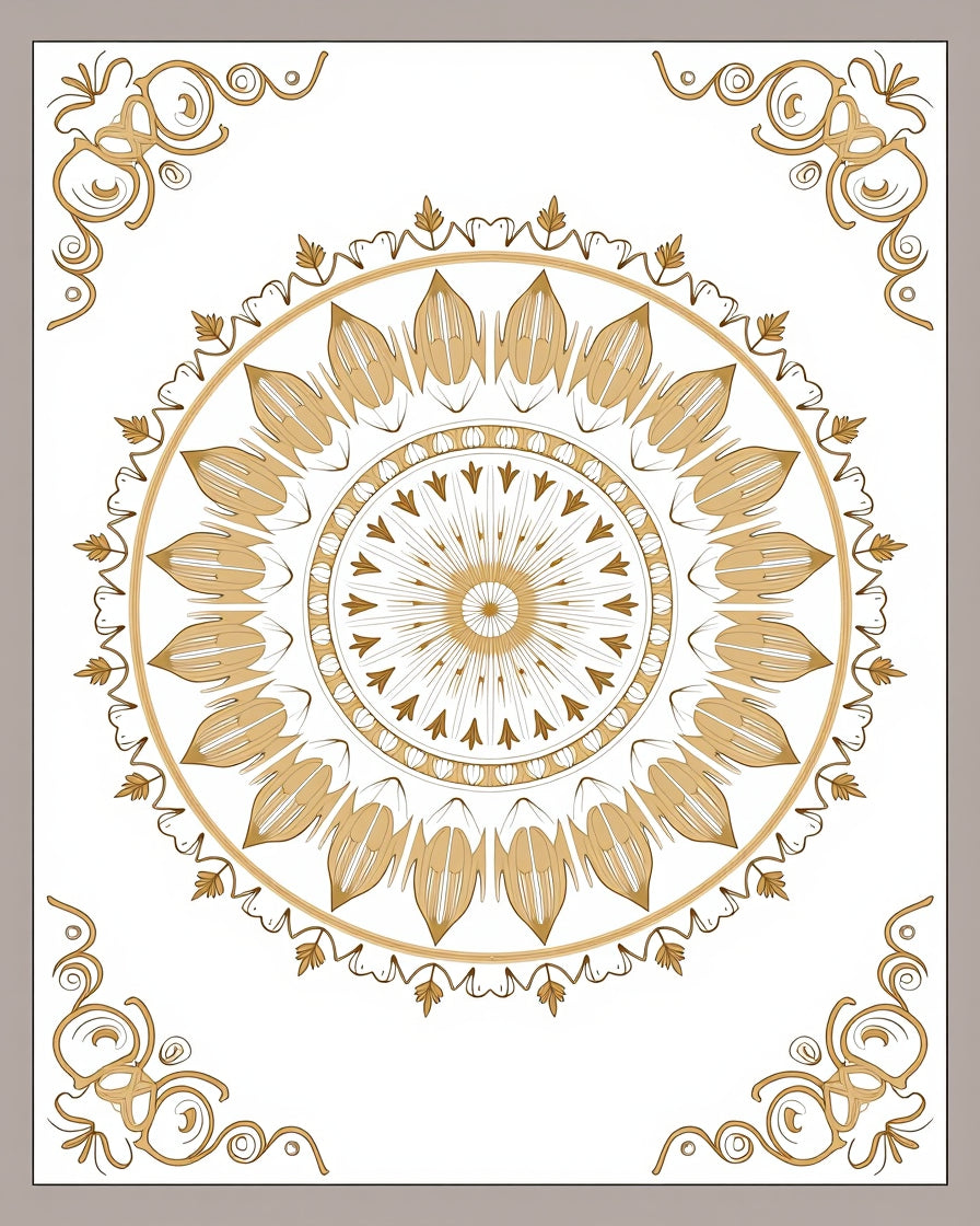 Ornate Gold Floral Mandala Design Rug