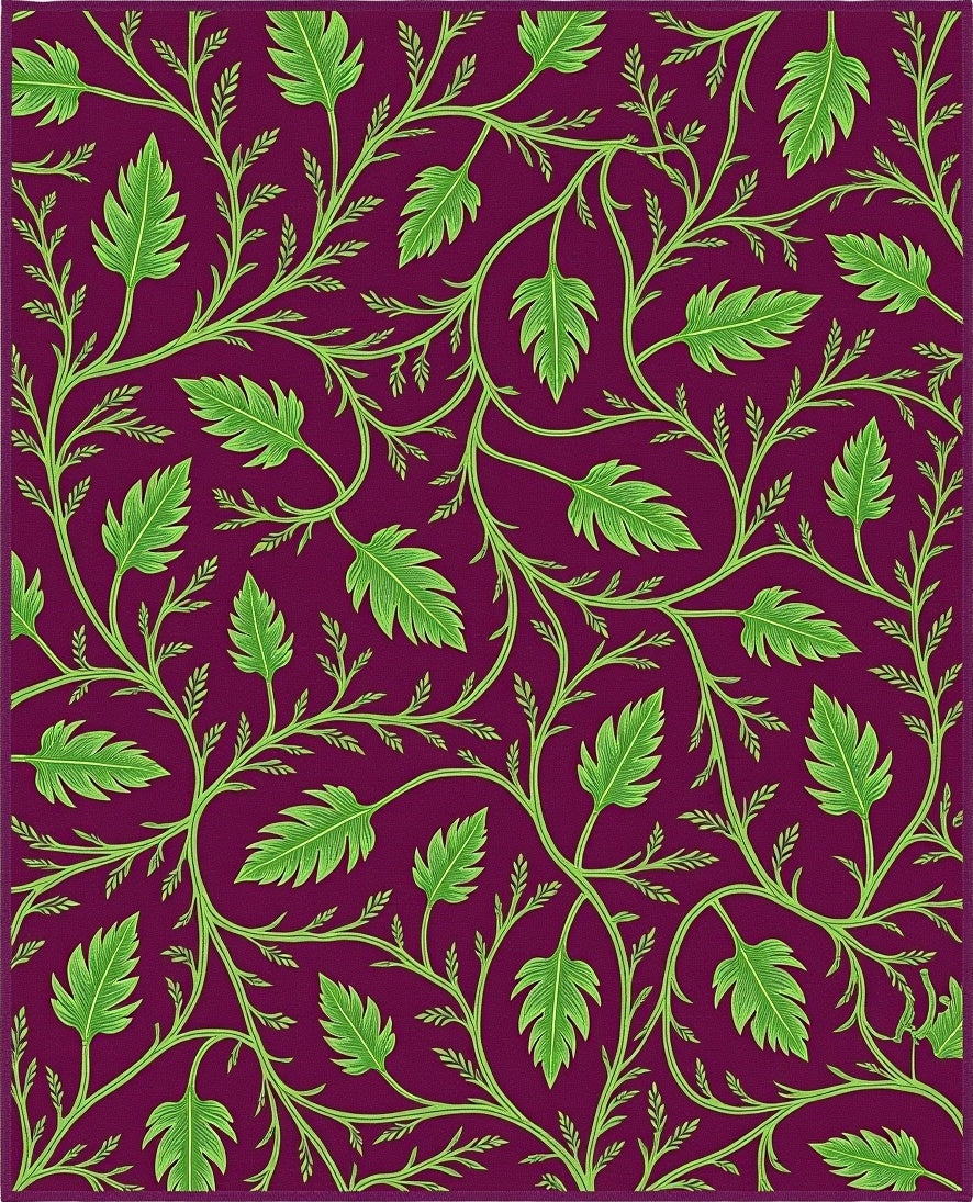 Vibrant Green Leaf Vine Pattern Rug