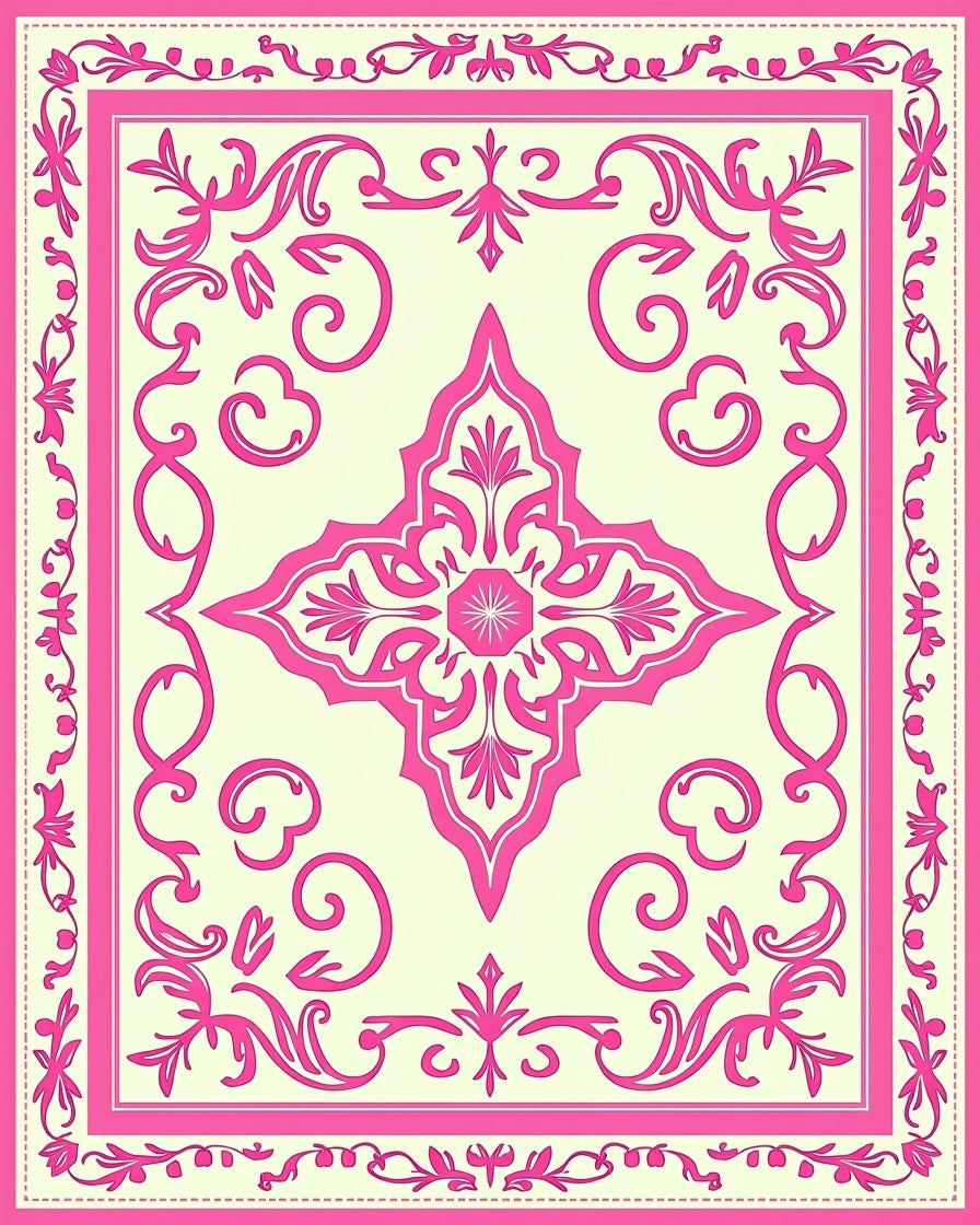 Pink Cream Floral Scroll Pattern Rug