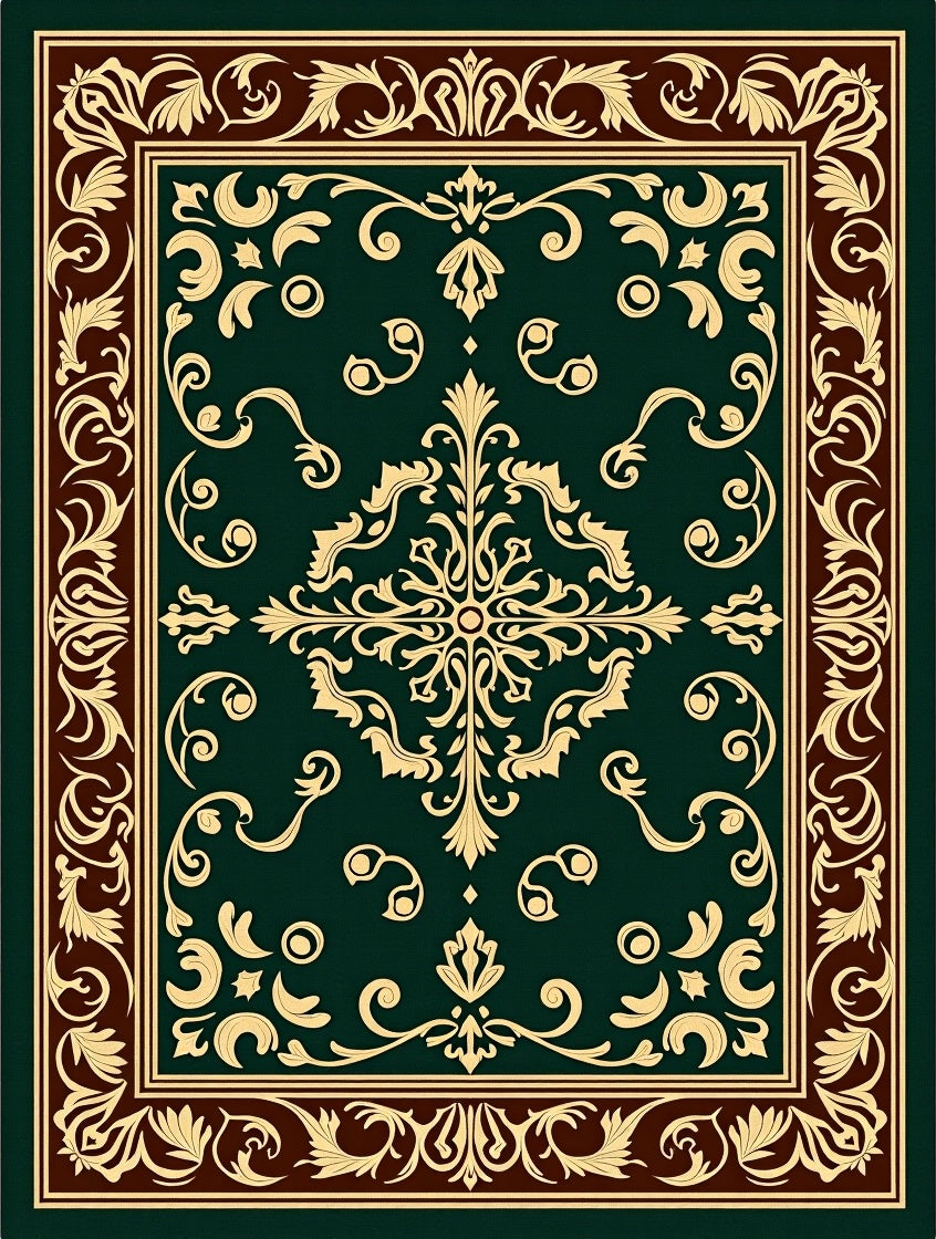 Elegant Gold Dark Green Floral Border Rug