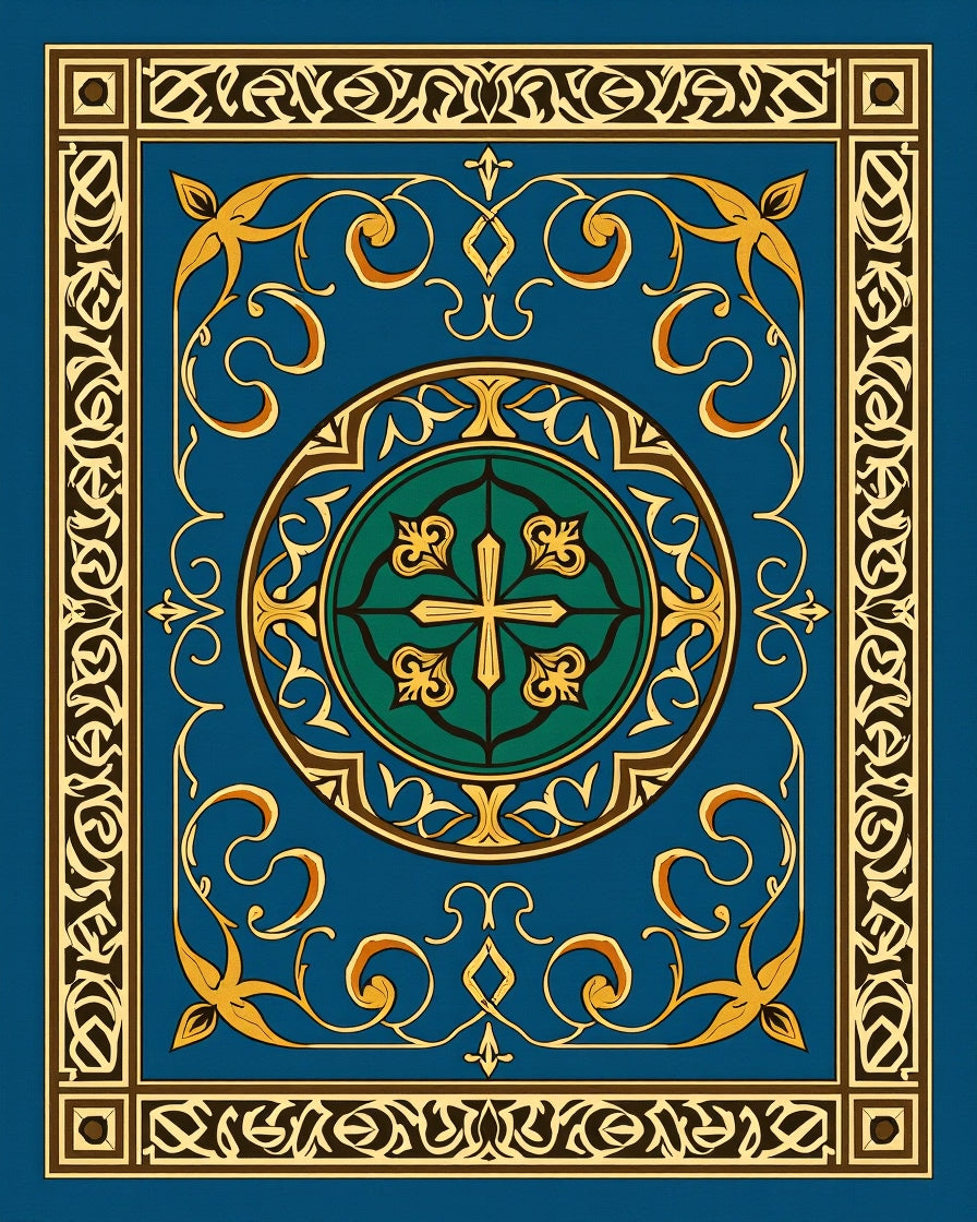 Ornate Blue Gold Interlocking Pattern Rug