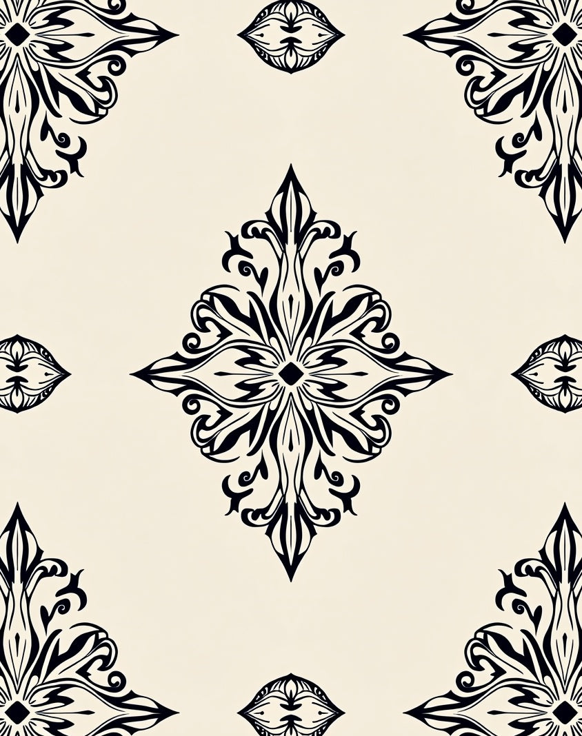 Elegant Black Ivory Damask Pattern Rug