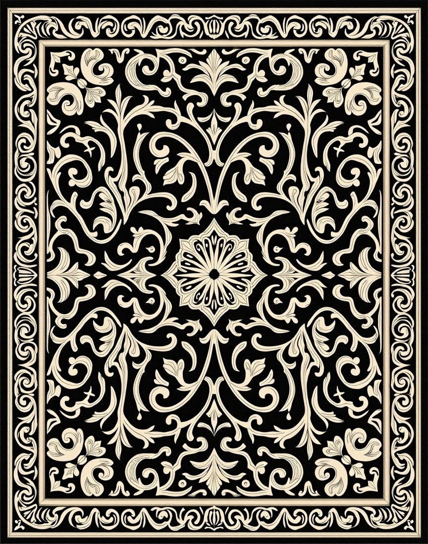 Black Cream Ornate Floral Pattern Rug